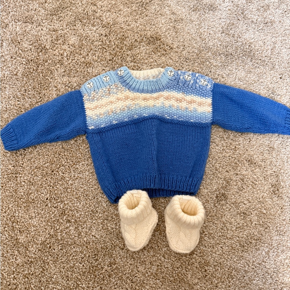 Blue and Cream Knit Sweater with Booties
